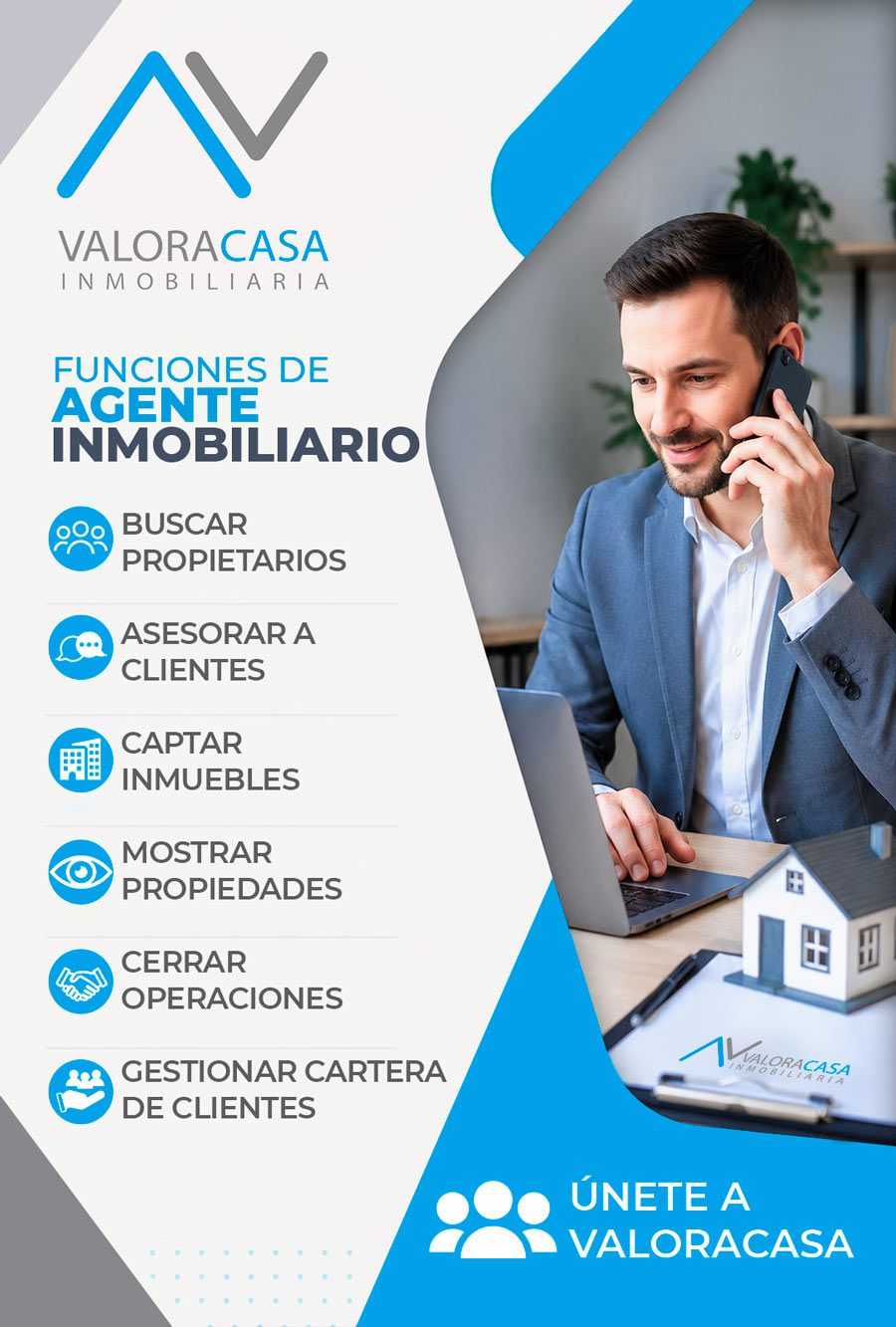 Funciones de agente inmobiliario en ValoraCasa, incluyendo asesoría, captación y gestión de propiedades.