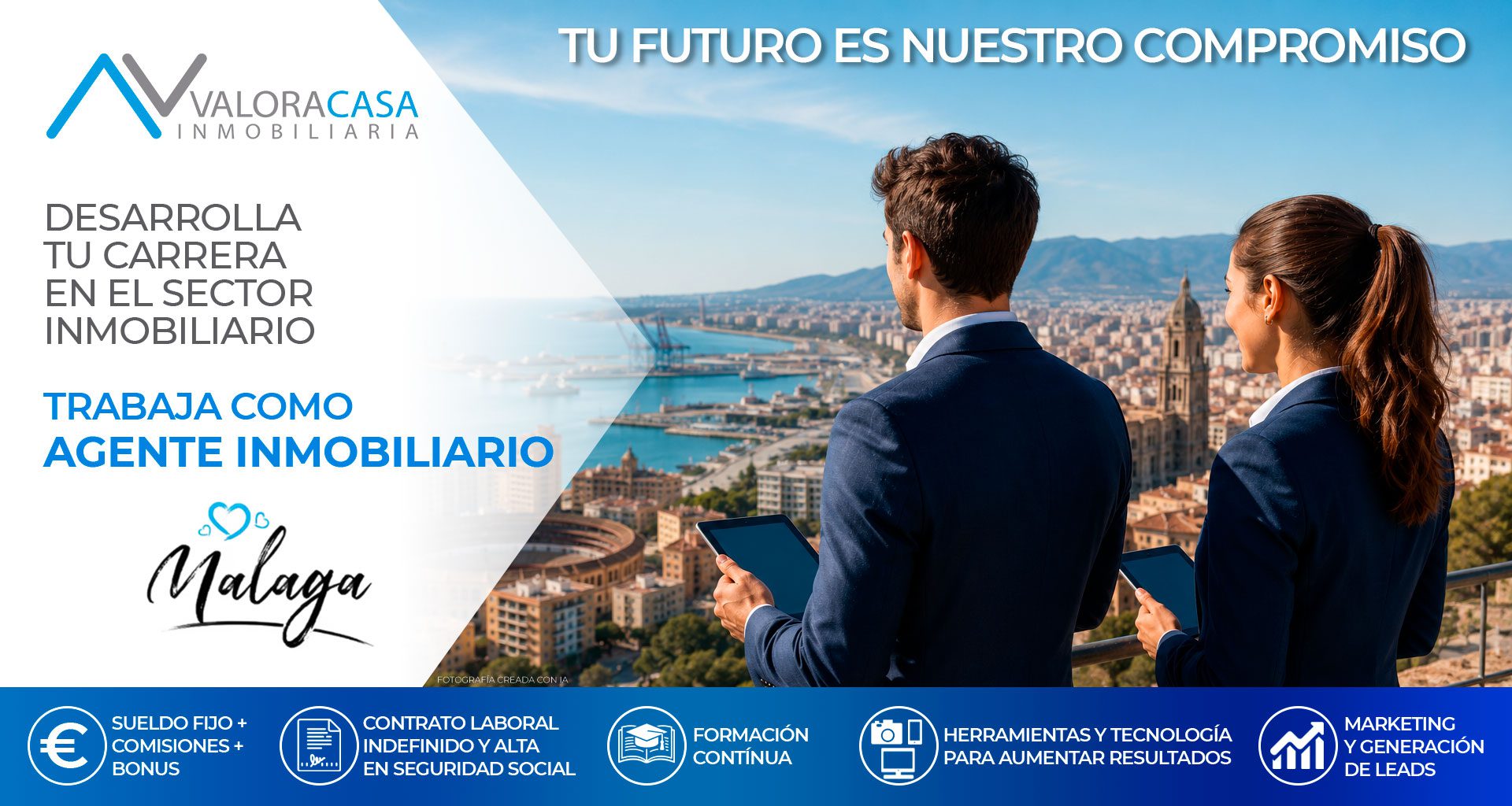 Oportunidad de carrera como agente inmobiliario en Málaga con ValoraCasa, ofreciendo formación y beneficios atractivos.