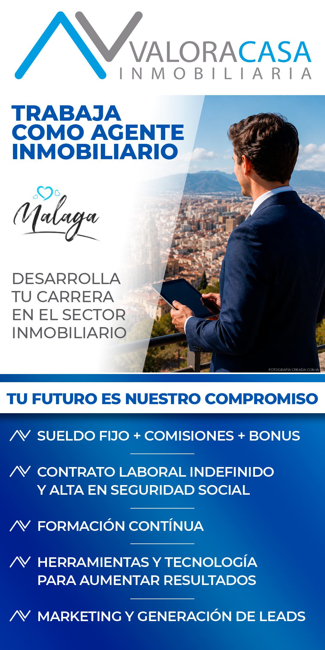 Oportunidad laboral en ValoraCasa Málaga para agentes inmobiliarios con sueldo fijo, formación continua y beneficios.