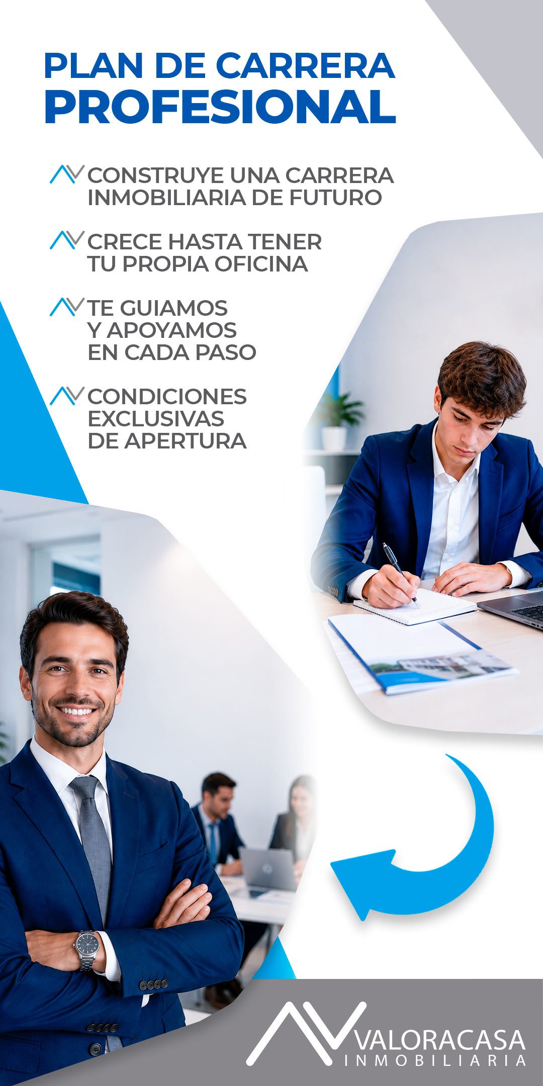 Plan de carrera profesional en el sector inmobiliario con apoyo y condiciones exclusivas para el crecimiento.